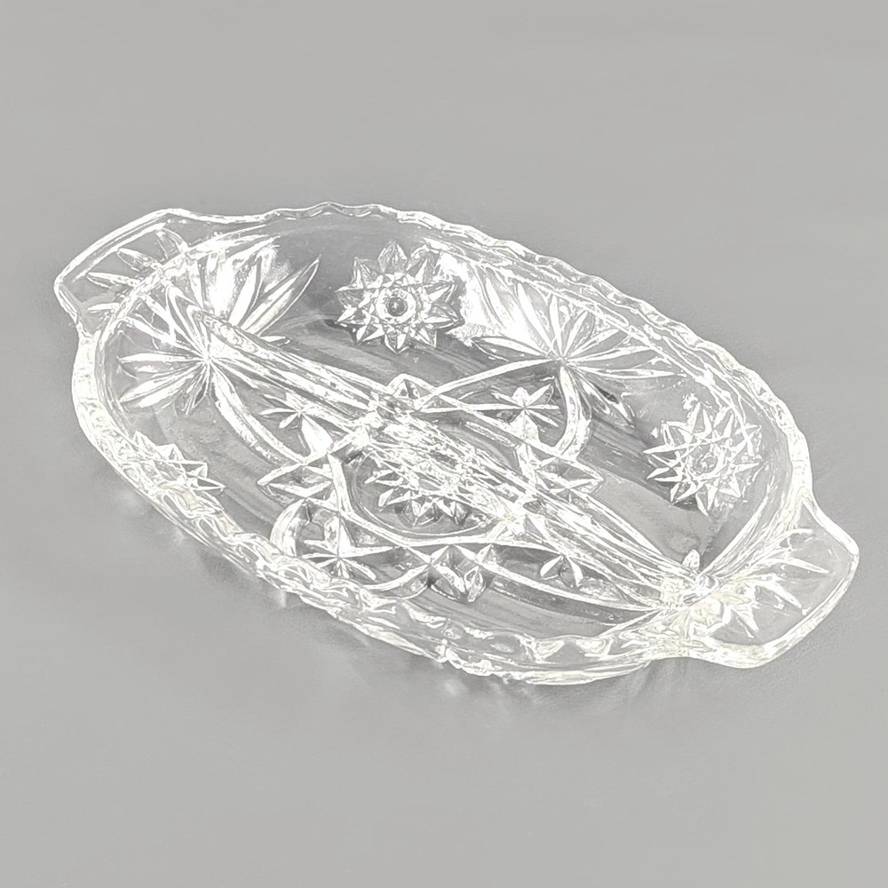 Vintage Clear Pressed Glass Divided Relish Dish Starburst Oval Serving Tray 10x6